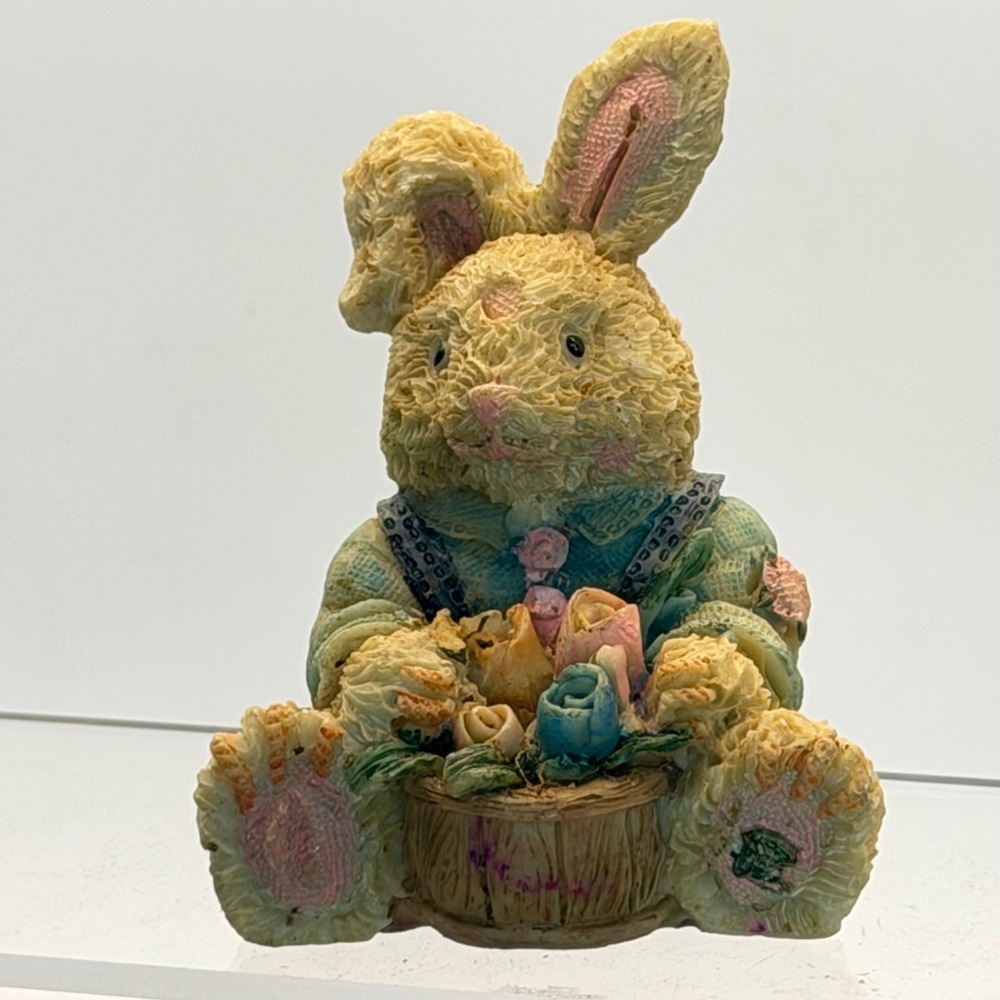 Three Hands Corp Patch Bunnies Easter Figurine Resin Rabbit‎ Flower Basket Blue
